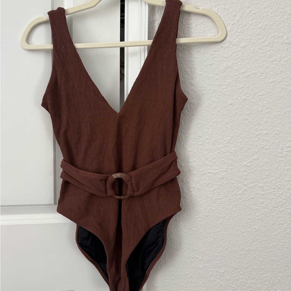 Brown Ribbed One-Piece Swimsuit with Belt